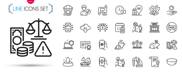 Fototapeta premium Pack of Video conference, Computer security and Certificate line icons. Include Coffee break, Fake news, Water bowl pictogram icons. Microscope, Fraud, Bowl dish signs. Sun protection. Vector