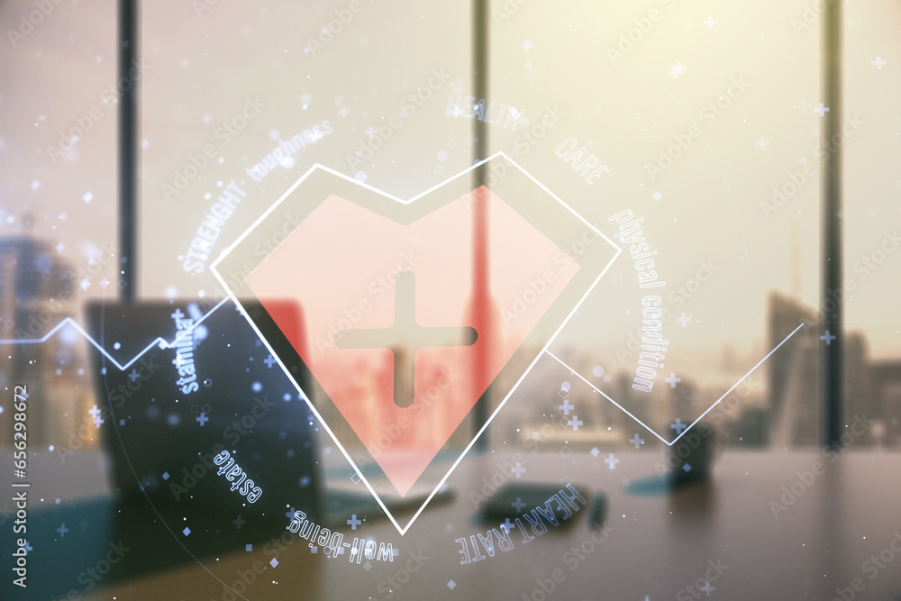 Poster Creative abstract heart rate sketch and modern desk with computer on background, Medicine and healthcare concept. Multiexposure