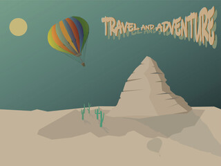 Hot air balloon in the sky, desert flying, sand mountains vintage atmosphere, sunset.