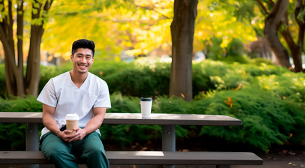 Fototapeta premium Male Nurse or doctor, taking a break and having a cup of coffee or tea. Concept of health care professionals outside of work. Shallow field of view.