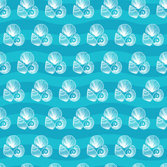 Vector blue beach waves shells seamless pattern background.