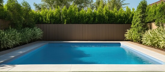 New rectangular swimming pool with tan concrete edges in a fenced backyard with privacy hedges - obrazy, fototapety, plakaty