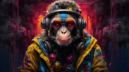 Naklejka premium Graffiti Monkey in Cyberpunk Street
