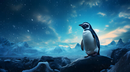 Obraz premium Penguin Waddling Under a Starry Night Sky