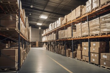 Warehouse displaying stacked shelves with cardboard boxes and cartons containing delivery items. Generative AI