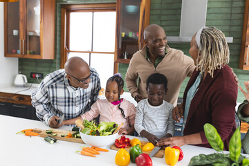 Happy african american multi generation family chopping vegetables in kitchen, slow motion