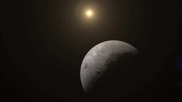 Wide shot of the moon and sun in outer space. View of the moon in its waxing gibbous phase.