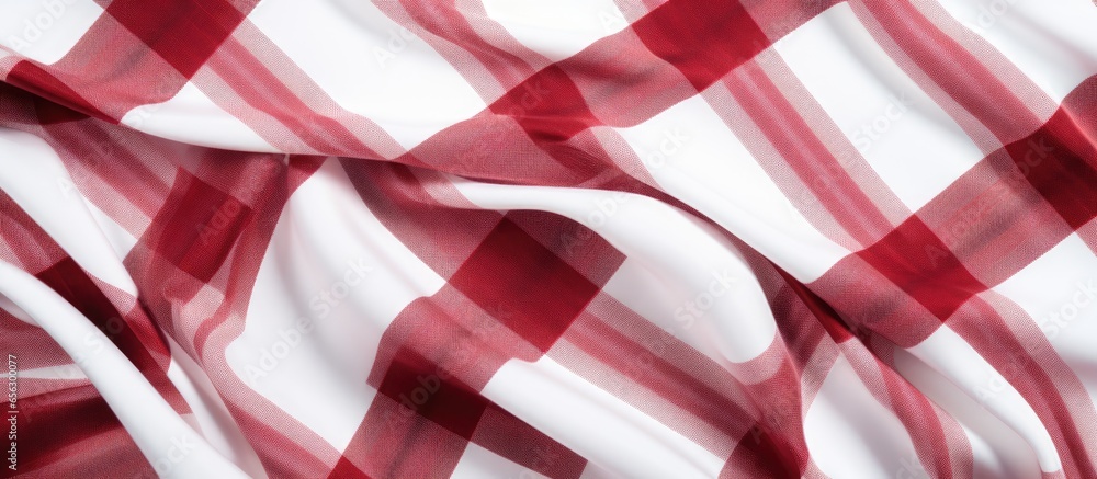 Poster red and white textured fabric with a scotch pattern viewed from the top on a white background with s