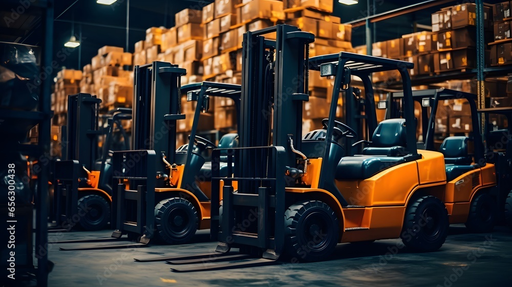 Wall mural background of a lot of forklifts, reliable heavy loader, truck