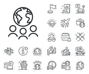 International outsourcing group sign. Plane jet, travel map and baggage claim outline icons. Global business line icon. Internet marketing symbol. Global business line sign. Vector