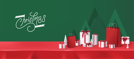 Merry Christmas banner red tablecloth product display with copy space and gift box decorate