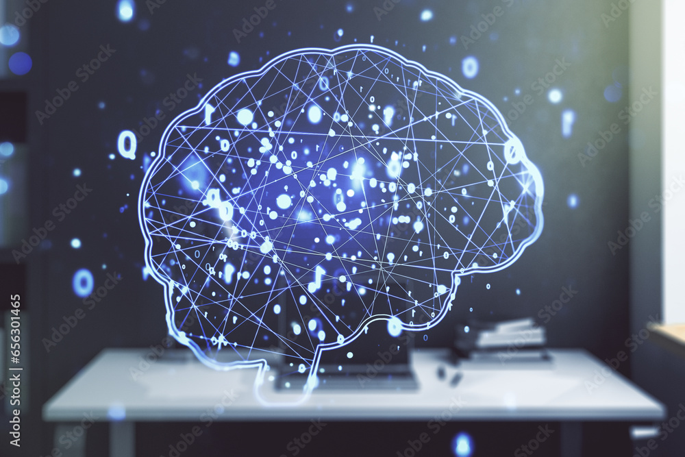 Poster double exposure of creative artificial intelligence symbol and modern desktop with laptop on backgro