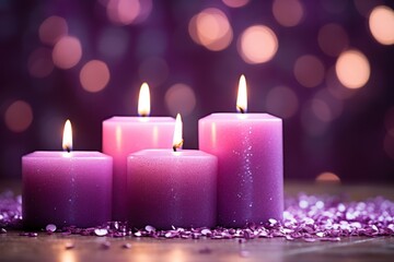 Obraz na płótnie Canvas Purple Candles With Soft Blurry Lights And Glittering. AI generated