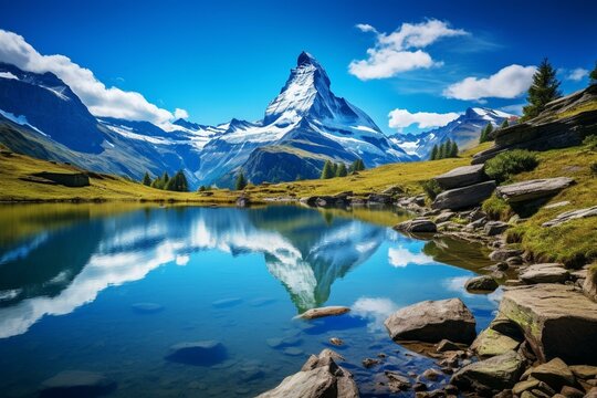 Iconic Swiss mountain with picturesque lake, Zermatt, Switzerland. Generative AI