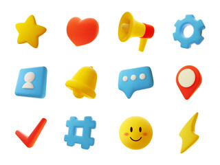 Social media 3d icons. Networking elements, digital marketing symbols, cartoon realistic communication signs, heart, star and bell, yellow smile, map pin and megaphone, vector set
