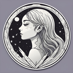  woman with moon. round sticker badge
