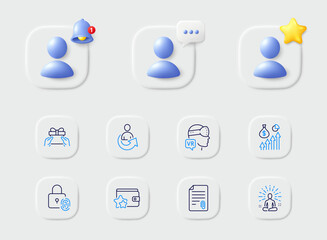 Give present, Share and Fingerprint lock line icons. Placeholder with 3d star, reminder bell, chat. Pack of Loyalty program, Yoga, Augmented reality icon. Attachment, Salary pictogram. Vector