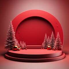 Red Christmas stage for product presentation, red podium with copy space. Studio photography. Made with generative ai. 
