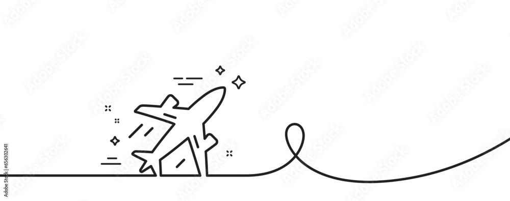 Poster plane line icon. continuous one line with curl. airport transport sign. airplane flight symbol. plan