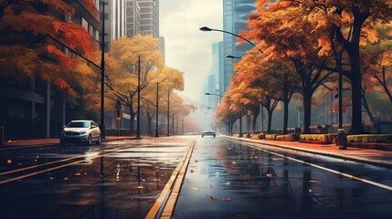 Autumn in the city: A scenic view of an empty road with colorful trees and buildings - obrazy, fototapety, plakaty