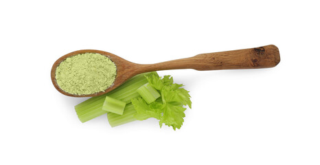 Wooden spoon of celery powder and fresh cut stalk isolated on white, top view