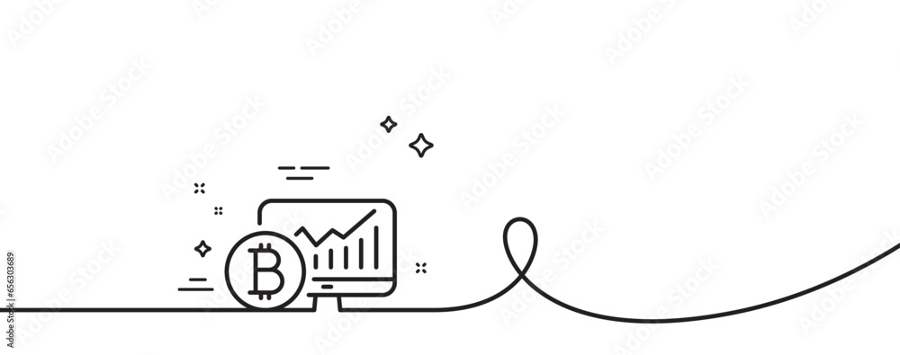 Poster bitcoin graph line icon. continuous one line with curl. cryptocurrency analytics sign. crypto money 