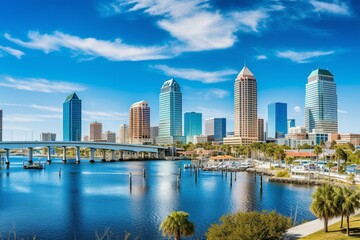 Panoramic skyline view of downtown Tampa, Florida, overlooking Hillsborough Bay and the Riverwalk. Generative AI - obrazy, fototapety, plakaty