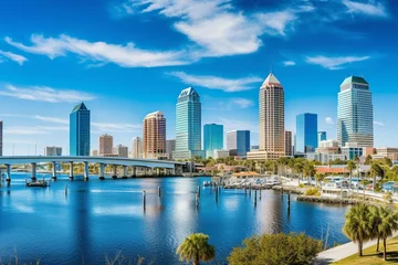 Fotobehang Panoramic skyline view of downtown Tampa, Florida, overlooking Hillsborough Bay and the Riverwalk. Generative AI © Daria
