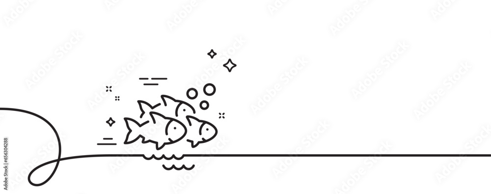 Aufkleber Fish school line icon. Continuous one line with curl. Shoal of gill-bearing animals sign. Flock of salmon symbol. Fish school single outline ribbon. Loop curve pattern. Vector