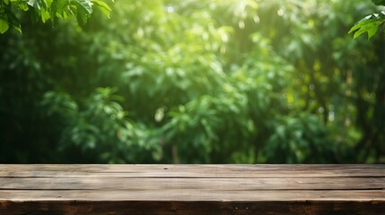 Green Background with Empty Wooden Table: A Perfect Setting for Nature Lovers and Photographers