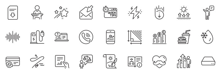 Icons pack as Scroll down, Father day and Election candidate line icons for app include Smartphone statistics, Mini pc, Download file outline thin icon web set. Technical algorithm. Vector