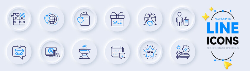 Calendar, Online shopping and World travel line icons for web app. Pack of Love document, Grill, Baggage pictogram icons. Coffee, Lounger, Sale offer signs. New star, Wedding glasses. Vector