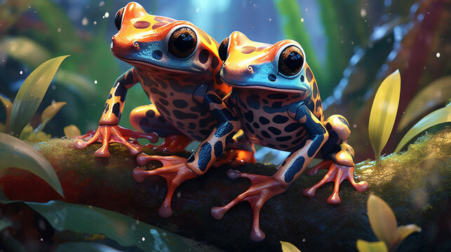 Close up of wild and colorful dendrobates frogs 