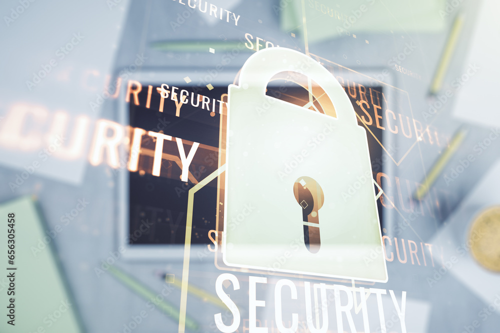 Poster creative lock illustration with microcircuit and modern digital tablet on desktop on background, top