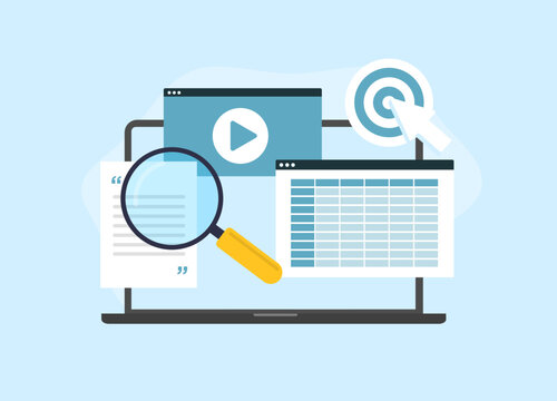 Content Marketing Tool concept. Writing SEO focused text and video content. Grow traffic, convert leads with content marketing tools. Vector illustration isolated on white background with icons