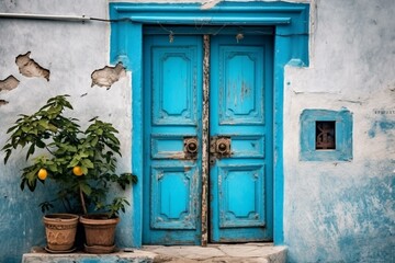 A door with a vintage blue color. Generative AI