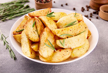 Baked potato wedges with seasonings on a plate on a gray stone. - Powered by Adobe