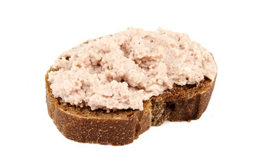 Bread with homemade chicken pate, isolated on white background.