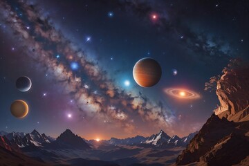 Begin by describing the celestial bodies visible in the galaxy mountains