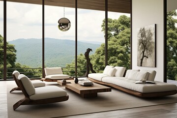Contemporary living space with clean lines, white walls, brown furniture, and a view of nature. Generative AI