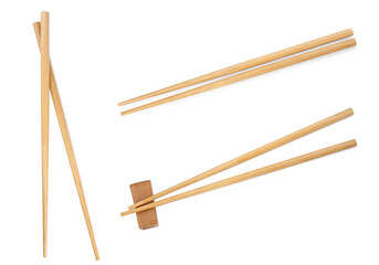 Collage with wooden chopsticks isolated on white