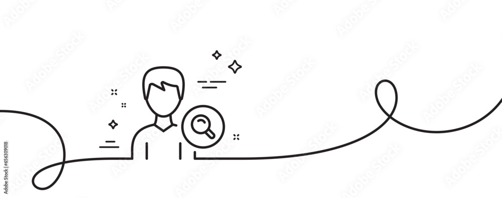 Poster search user line icon. continuous one line with curl. profile avatar with magnifying glass sign. mal
