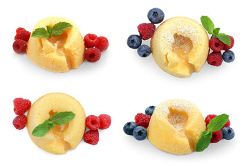 Set of yummy fondant cakes with hot chocolate and berries isolated on white, top and side views