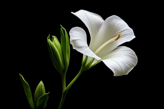 A white flower against a black background with a green stem. Generative AI