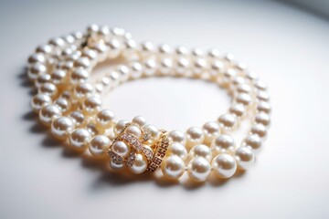 A lustrous necklace made of pearls, placed against a white background. Generative AI