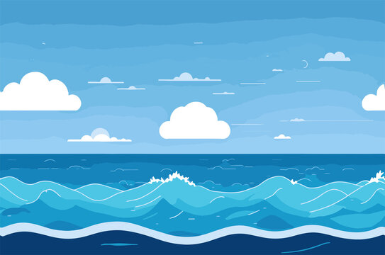 Blue sea or ocean landscape summer day with cloud flat vector illustration, wallpaper, background