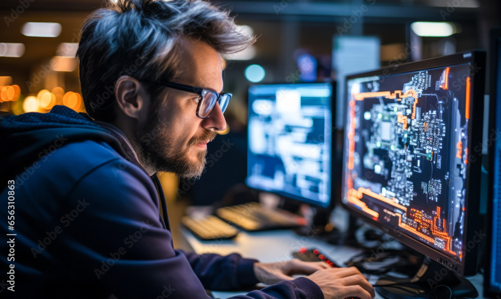 Poster portrait of a dedicated computer systems analyst reviewing scheduling limitations