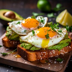 Avocado toast with fried egg close up. Toasted bread with avocado and egg for healthy keto breakfast. Made with generative ai. 