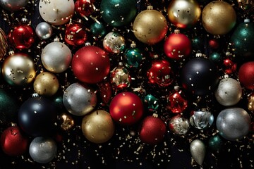 Christmas and New Year background made of balls and sparkles, with glitter and glamour, rich jewel colors.