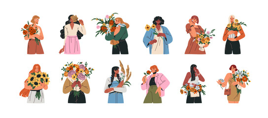 Happy girls with flowers set. Beautiful women holding floral bunches, bouquets. Female characters with romantic gifts, blooms in hands. Flat graphic vector illustrations isolated on white background